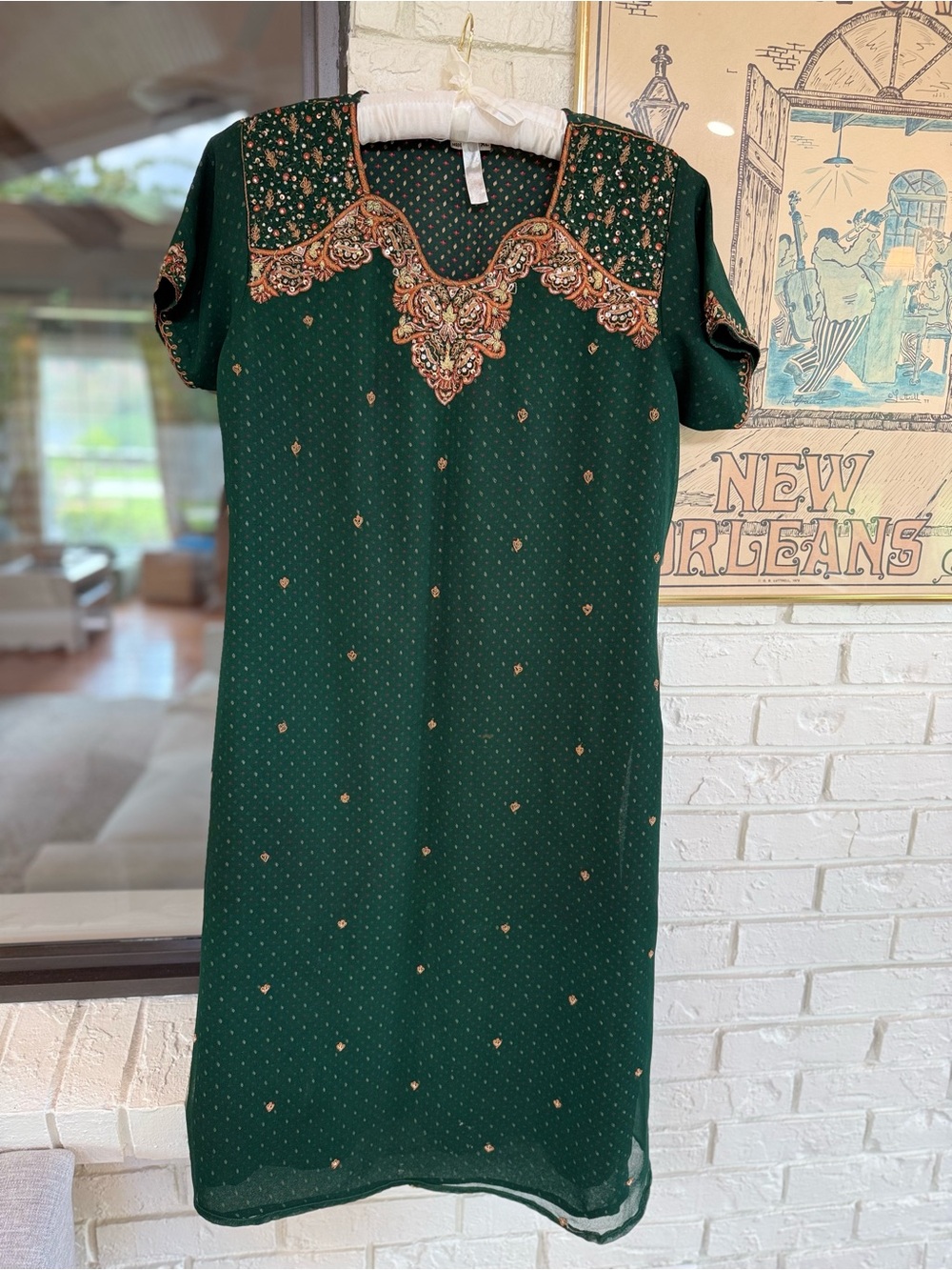 Vintage Emerald Green Embroidered Kurta Tunic Dress XL